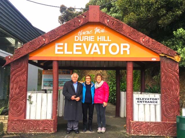 Image of old entranceway with Heritage Trustees Don Robinson, Ann McNamara and Mary Ann Ewing Image